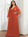 Elegant Applique Chiffon Formal Dres with Long Sleeve #color_Burnt Orange
