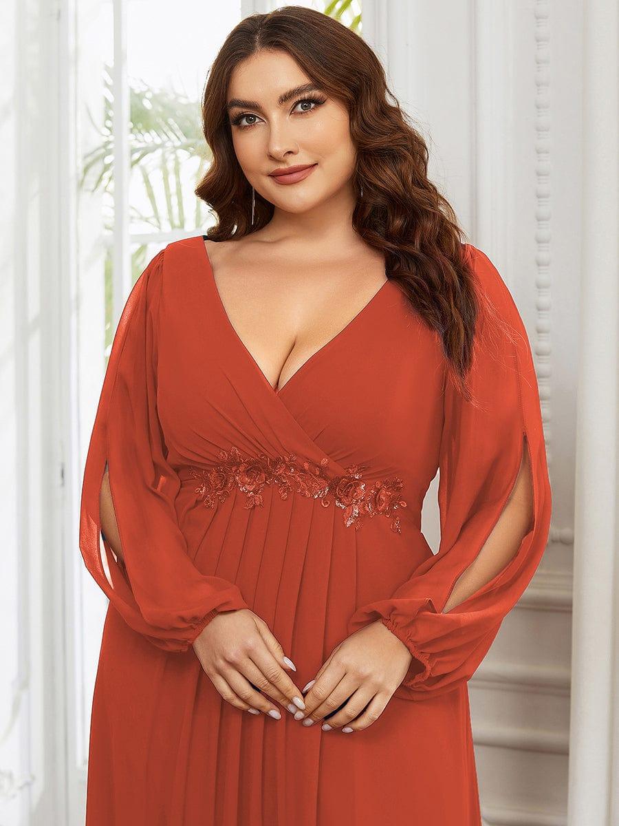 Elegant Applique Chiffon Formal Dres with Long Sleeve #color_Burnt Orange