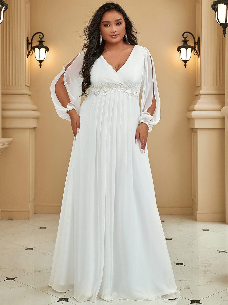  Plus Size Black V-Neck Evening Dress with Long Sleeves #color_Cream