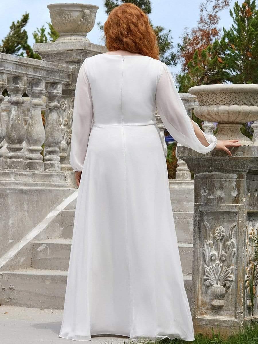 Cream V-Neck Chiffon Formal Evening Dress with Long Sleeve #color_Cream