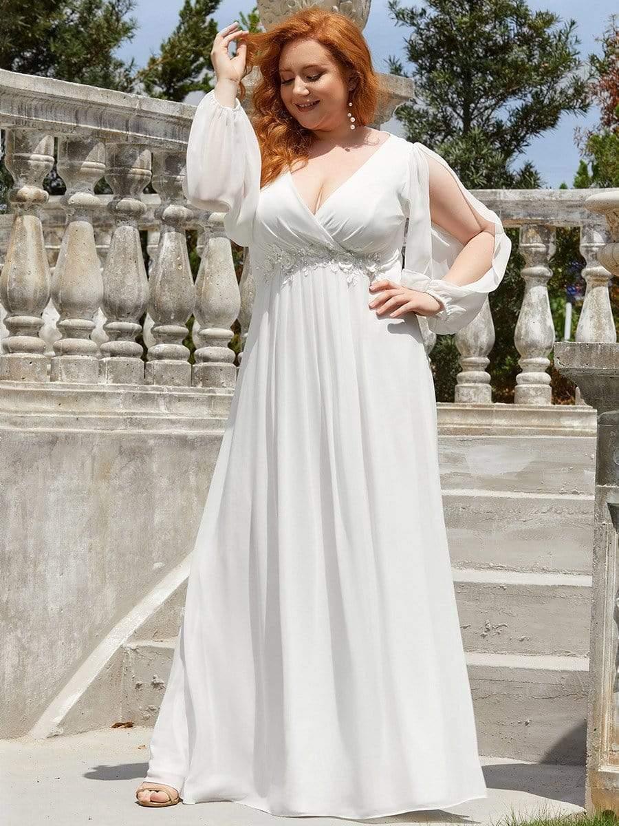 Cream V-Neck Chiffon Formal Evening Dress with Long Sleeve #color_Cream