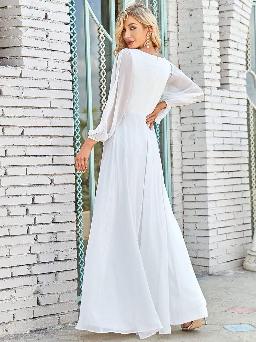Cream V-Neck Chiffon Formal Evening Dress with Long Sleeve #color_Cream