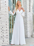 Cream V-Neck Chiffon Formal Evening Dress with Long Sleeve#color_Cream