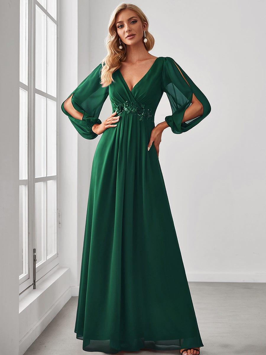 Cream V-Neck Chiffon Formal Evening Dress with Long Sleeve 