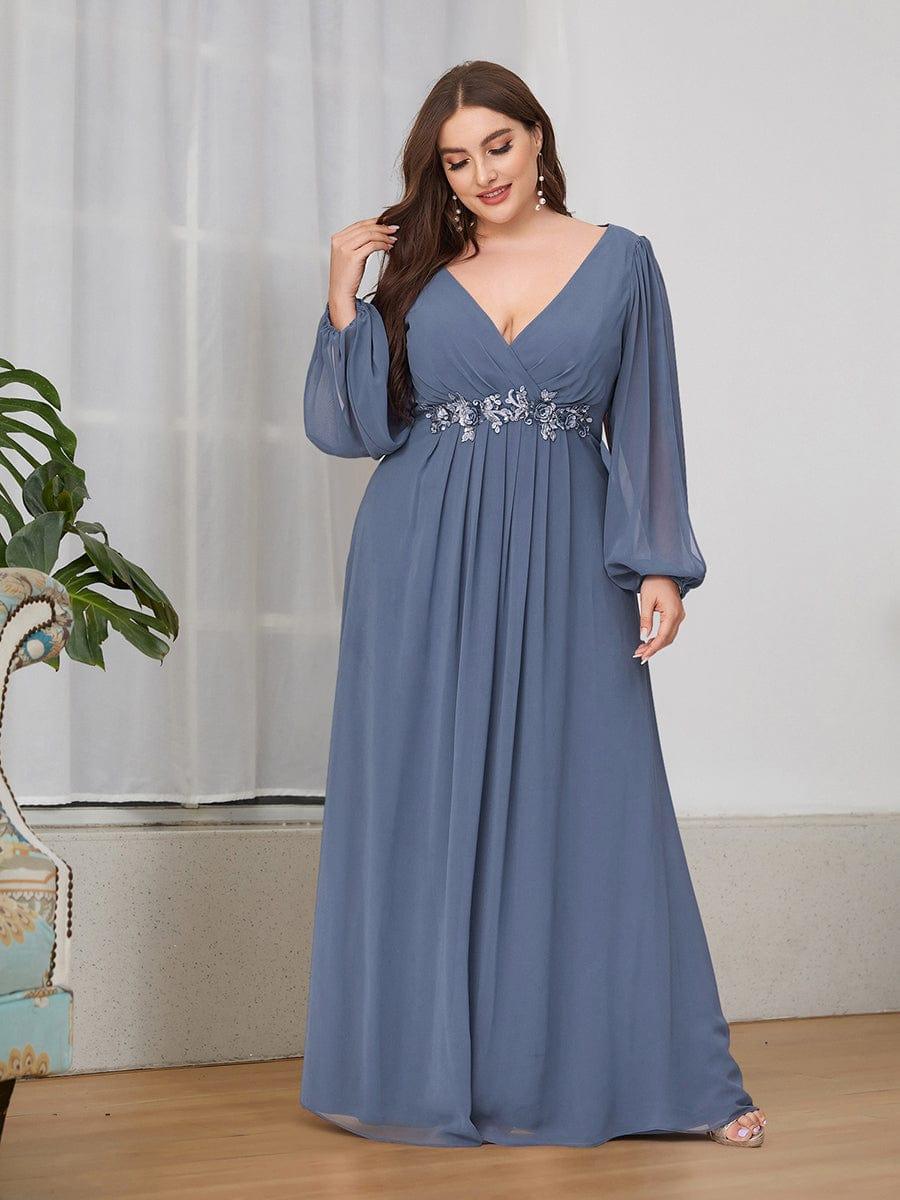  Plus Size Black V-Neck Evening Dress with Long Sleeves #color_Dusty Blue