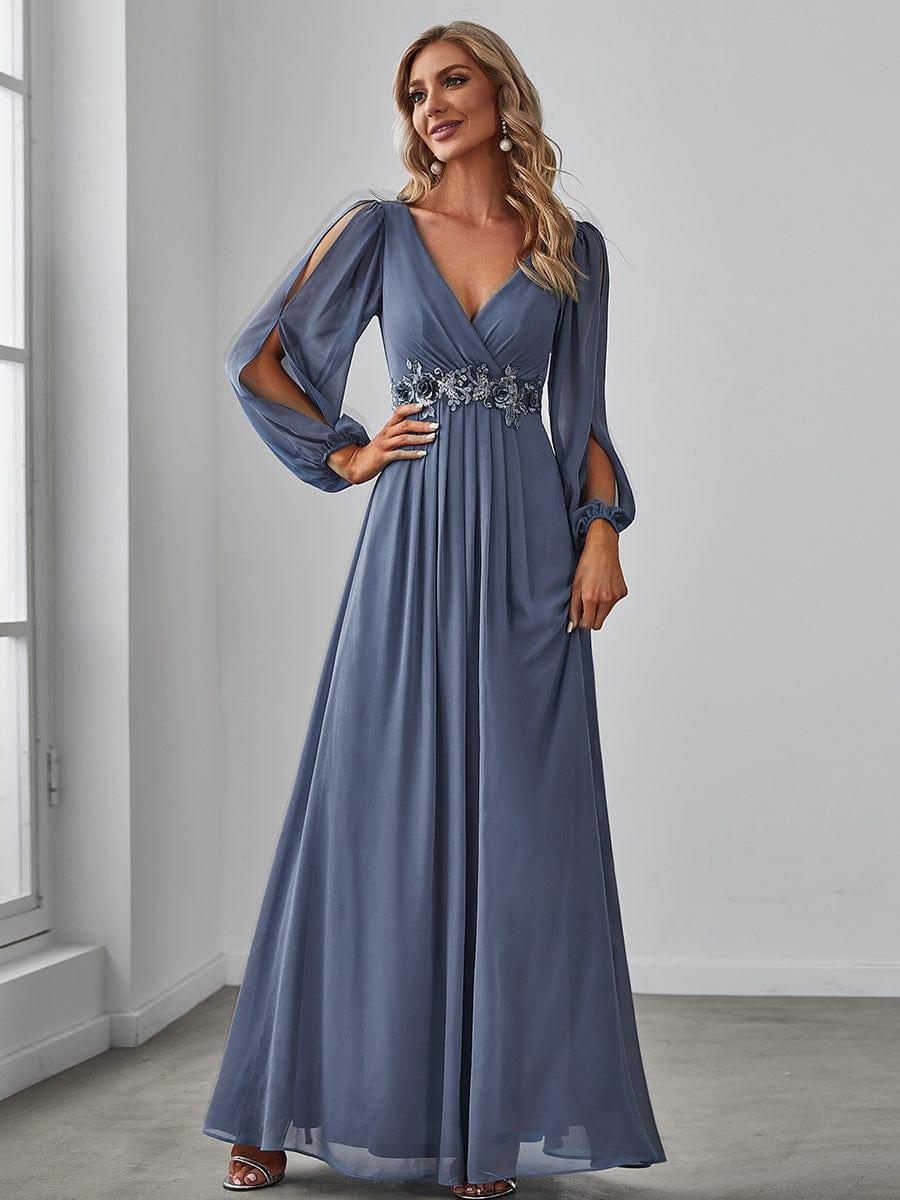 Cream V-Neck Chiffon Formal Evening Dress with Long Sleeve#color_Dusty Blue
