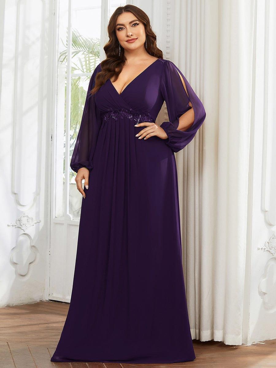  Plus Size Black V-Neck Evening Dress with Long Sleeves#color_Dark Purple