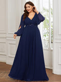 Plus Size Black V-Neck Evening Dress with Long Sleeves #color_Navy Blue