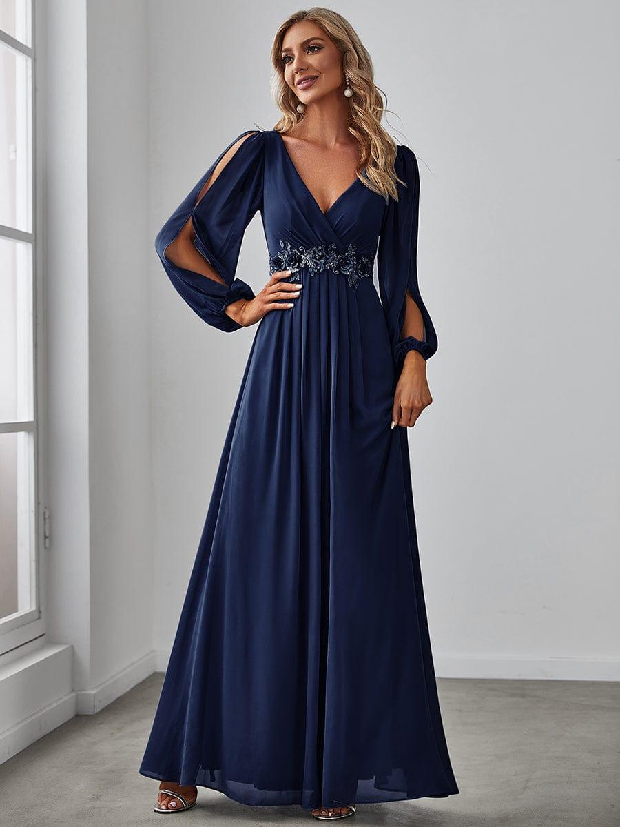 Cream V-Neck Chiffon Formal Evening Dress with Long Sleeve #color_Navy Blue
