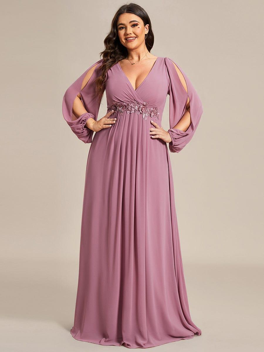 Elegant Applique Chiffon Formal Dres with Long Sleeve #color_Purple Orchid