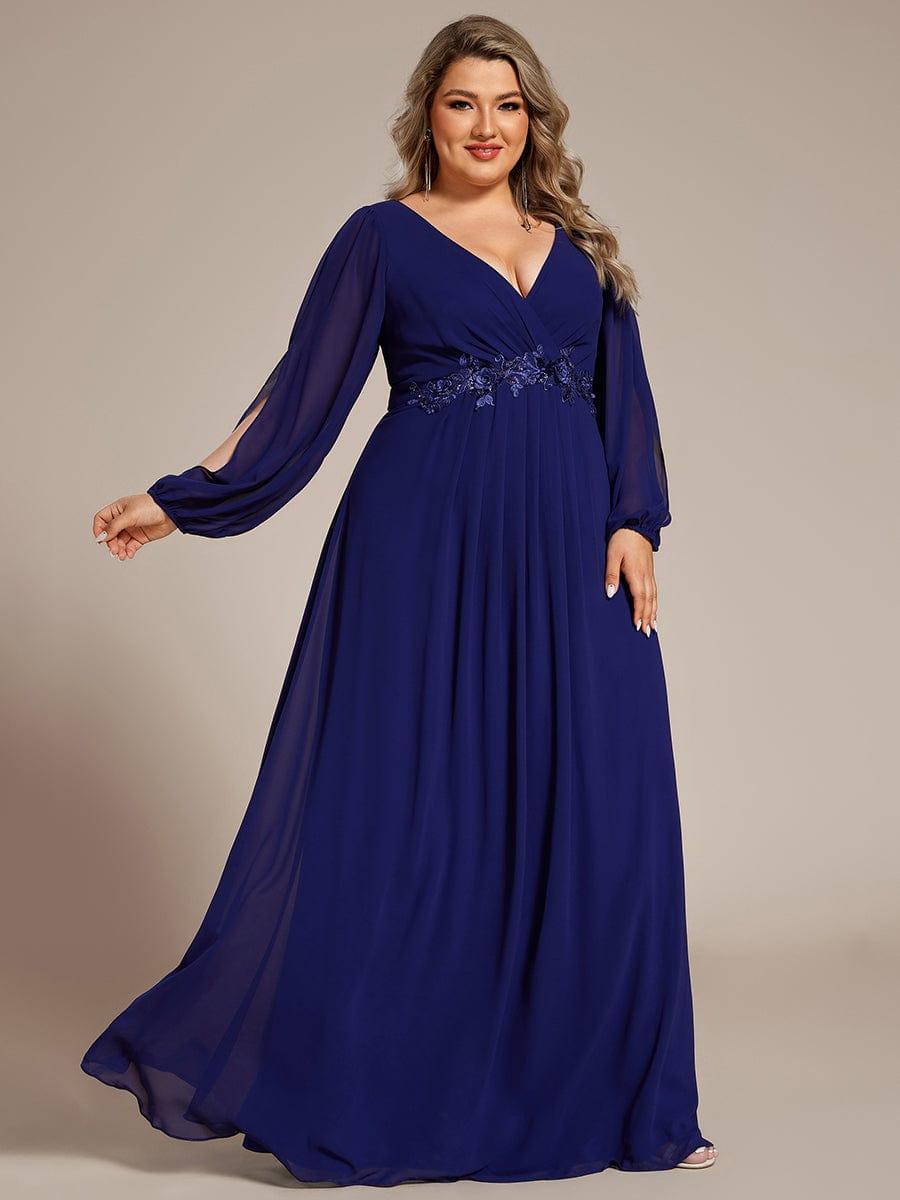  Plus Size Black V-Neck Evening Dress with Long Sleeves