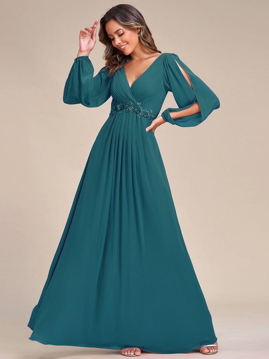 Elegant Applique Chiffon Formal Dres with Long Sleeve #color_Teal