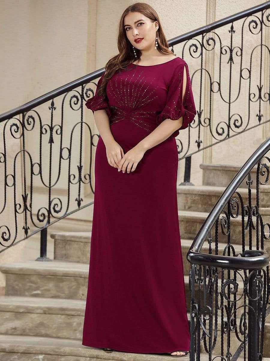 Plus Size Round Neck Beaded Wedding Guest Dress