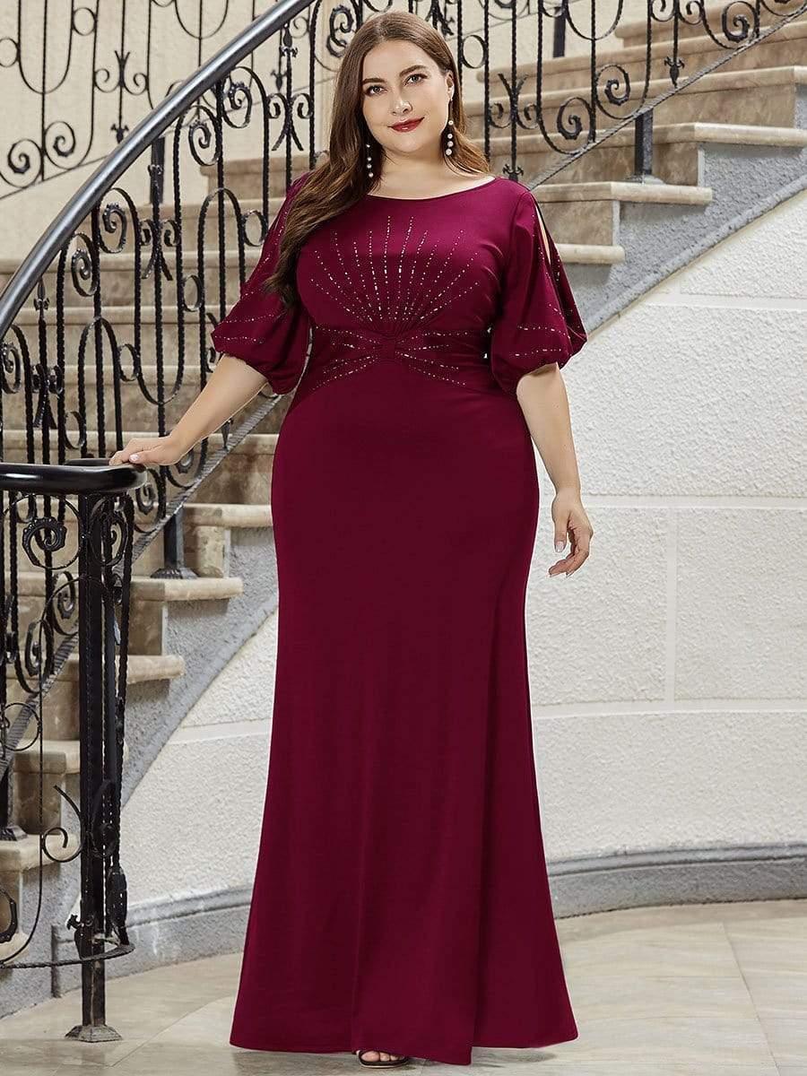 Plus Size Round Neck Beaded Wedding Guest Dress