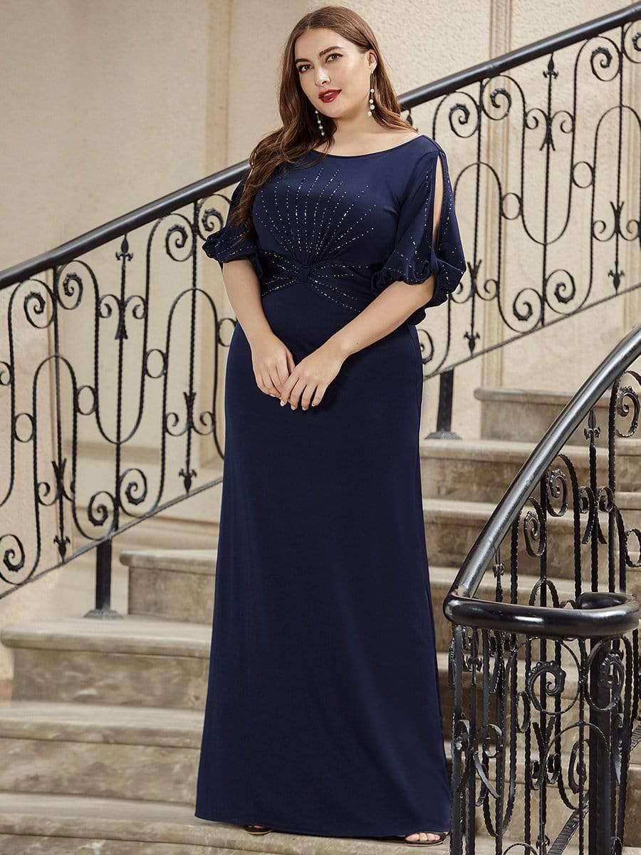 Plus Size Round Neck Beaded Wedding Guest Dress