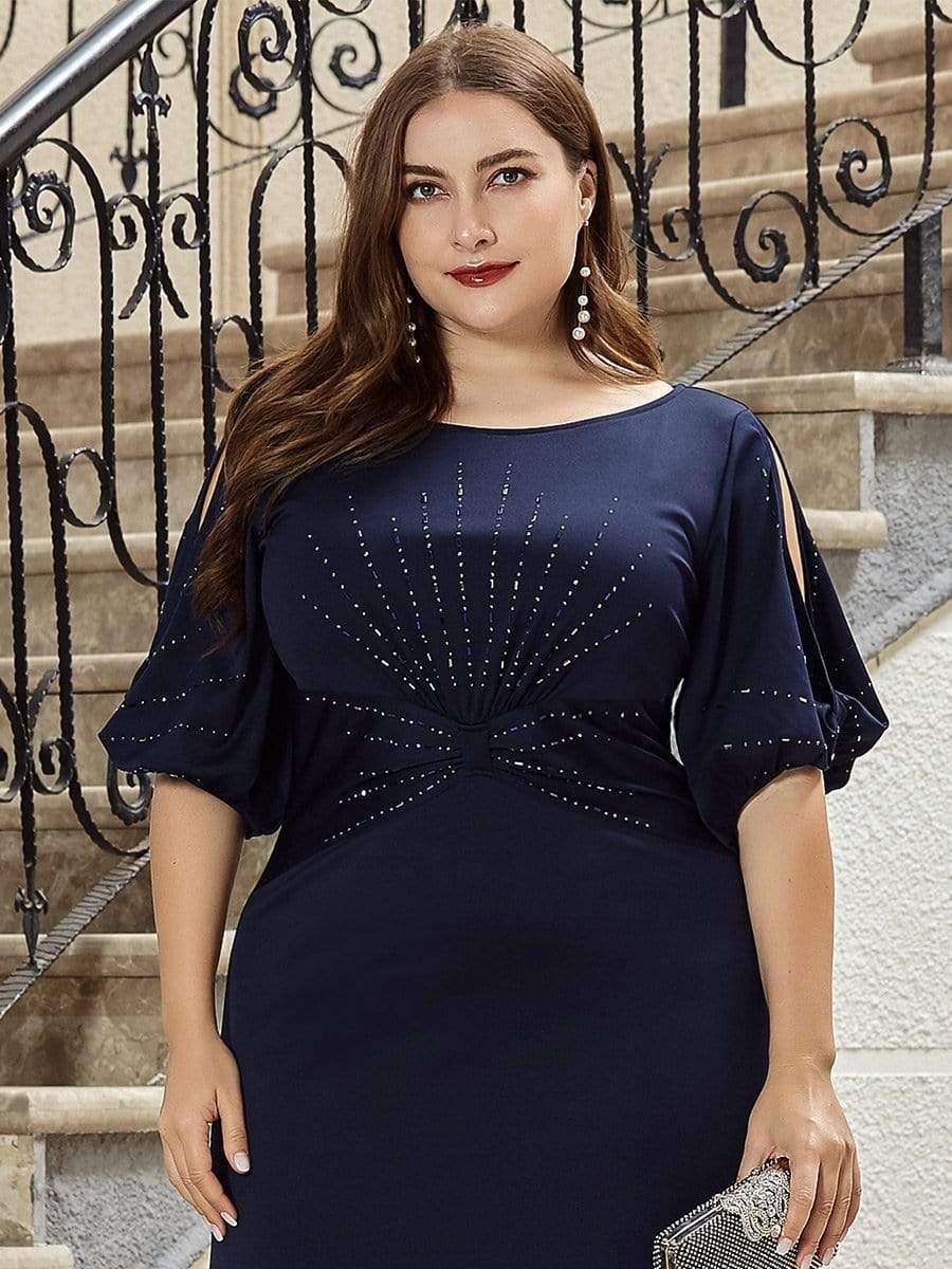 Plus Size Round Neck Beaded Wedding Guest Dress