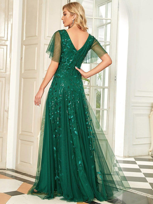 Dark Green V-Neck Applique A-Line Evening Dress #color_Dark Green 
