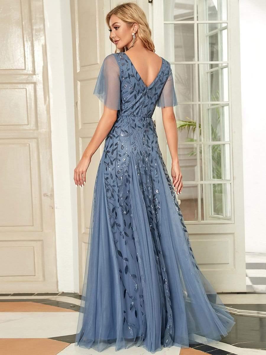Elegant Black Sequin Evening Dress with Ruffle Sleeves#color_Dusty Blue