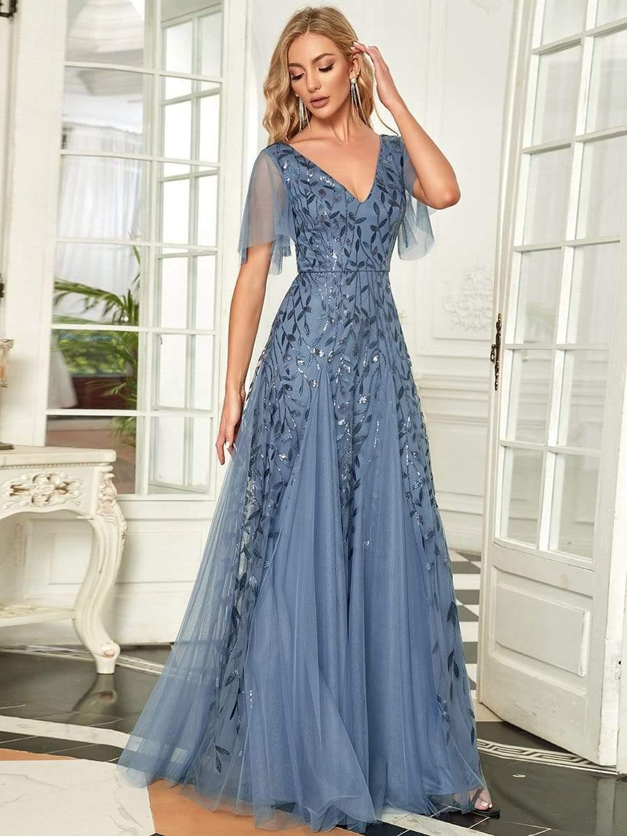 Elegant Black Sequin Evening Dress with Ruffle Sleeves#color_Dusty Blue