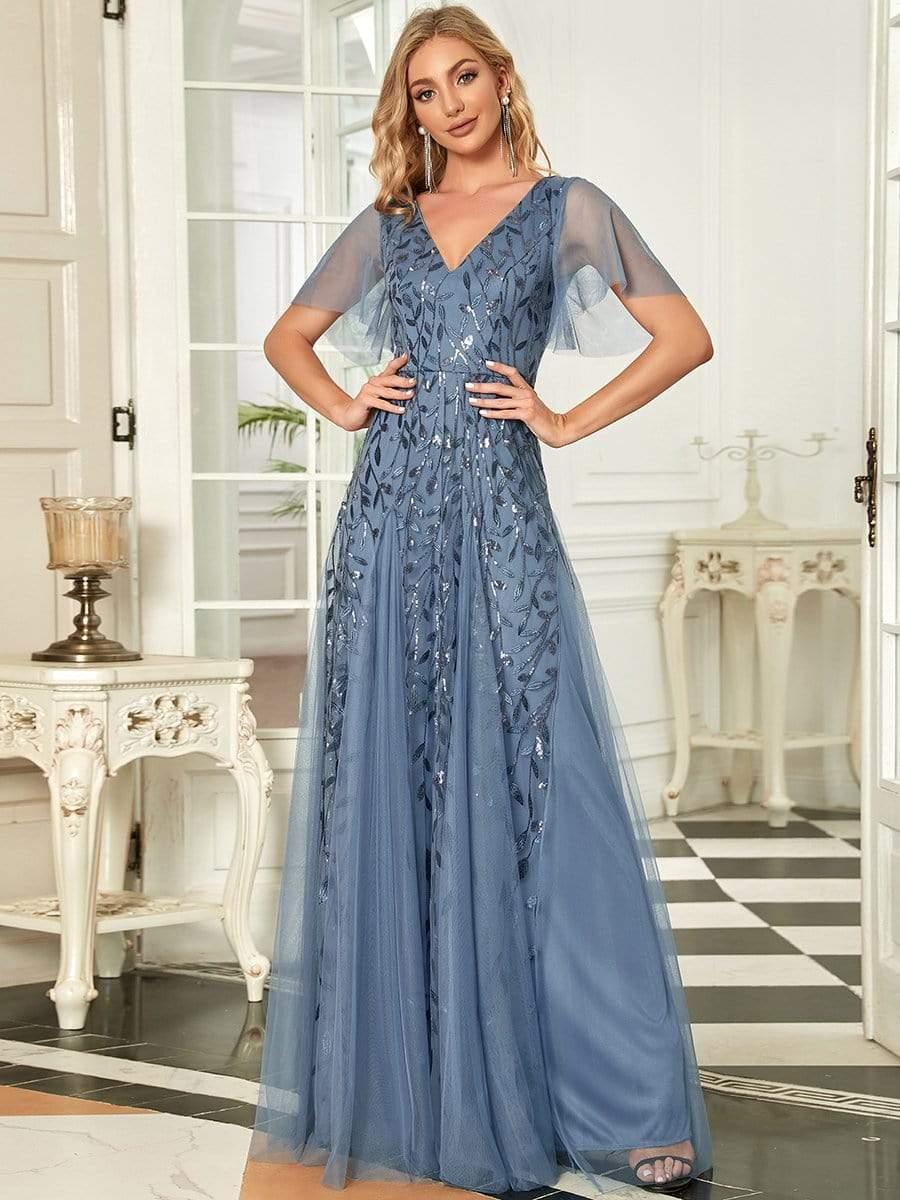 Elegant Black Sequin Evening Dress with Ruffle Sleeves#color_Dusty Blue