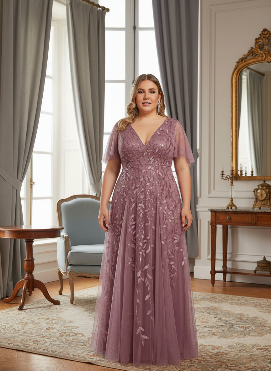 Plus Size Applique Tulle Floor Length Formal Gowns