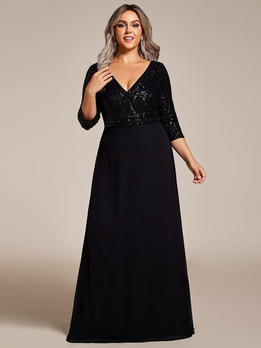 Plus Size Sequin A-Line Formal Evening Dress with Long Sleeves
