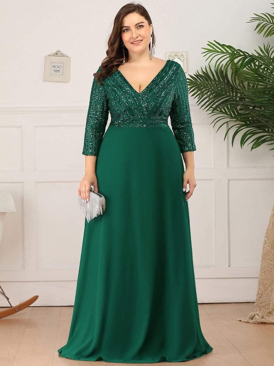 Plus Size Sequin A-Line Formal Evening Dress with Long Sleeves