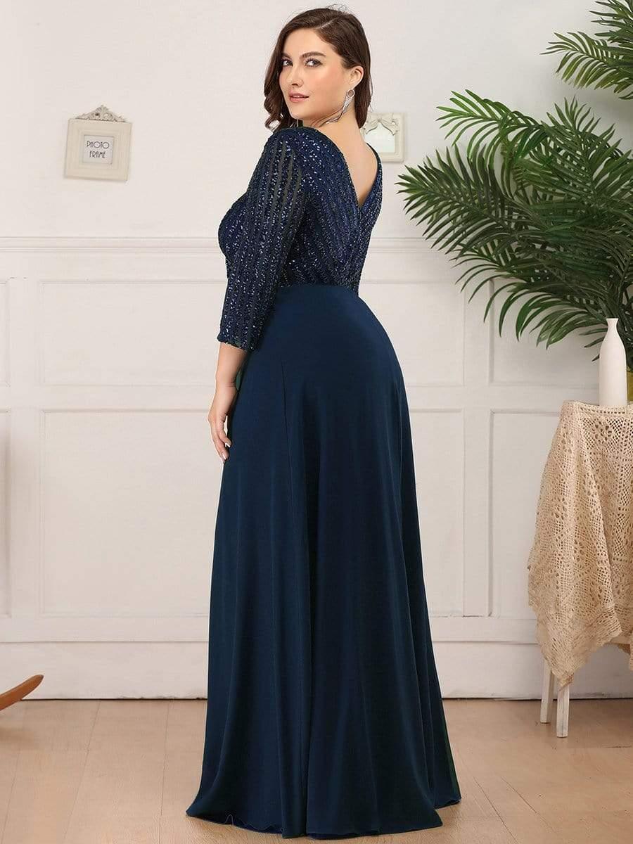 Plus Size Sequin A-Line Formal Evening Dress with Long Sleeves