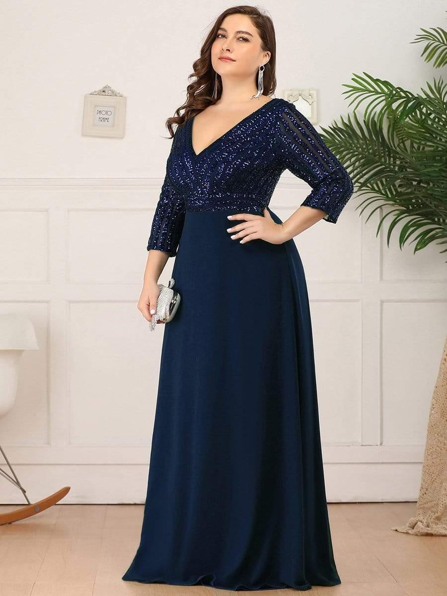 Plus Size Sequin A-Line Formal Evening Dress with Long Sleeves