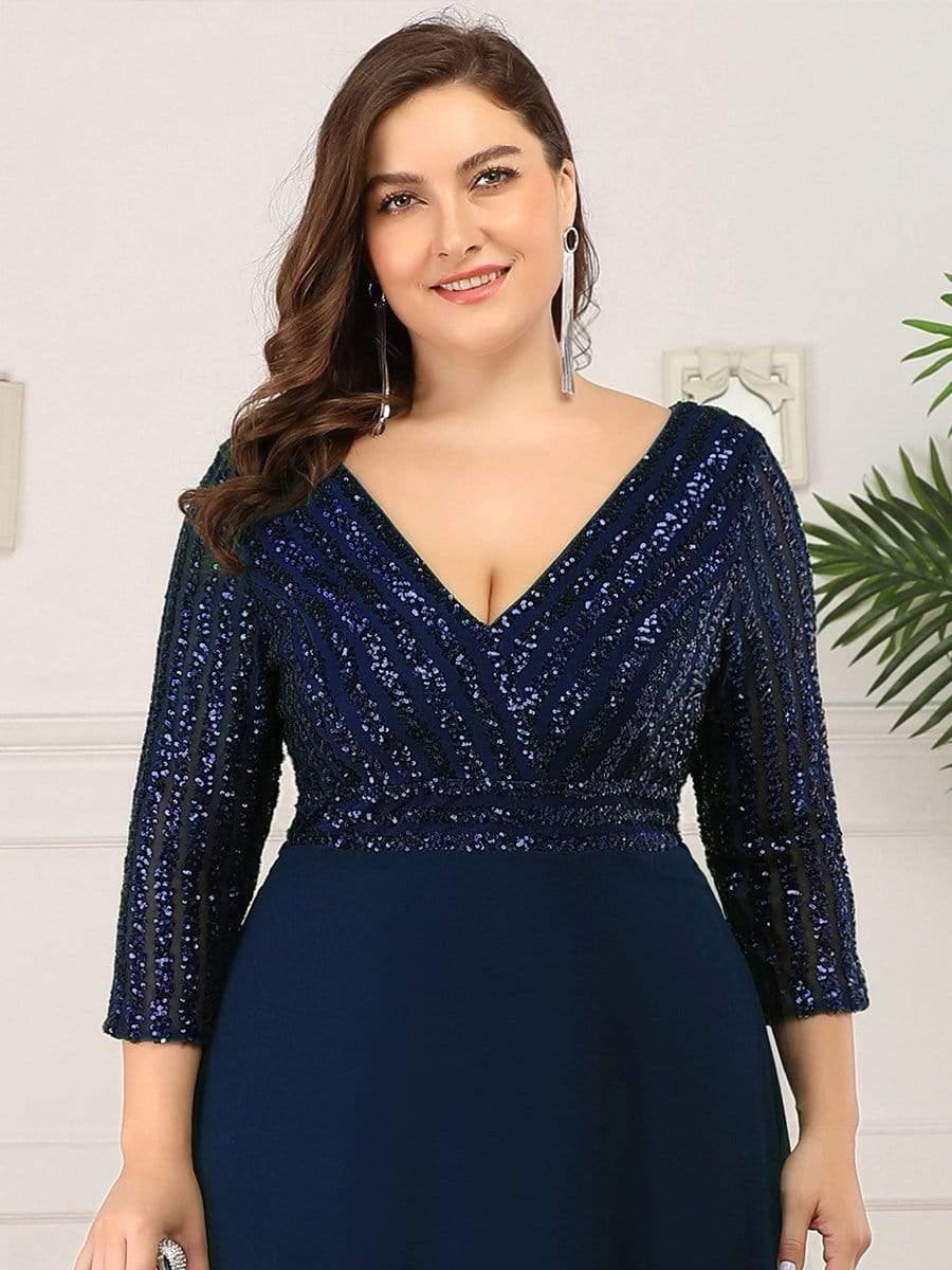 Plus Size Sequin A-Line Formal Evening Dress with Long Sleeves