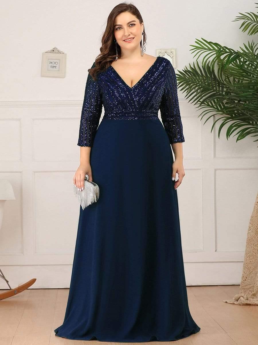 Plus Size Sequin A-Line Formal Evening Dress with Long Sleeves