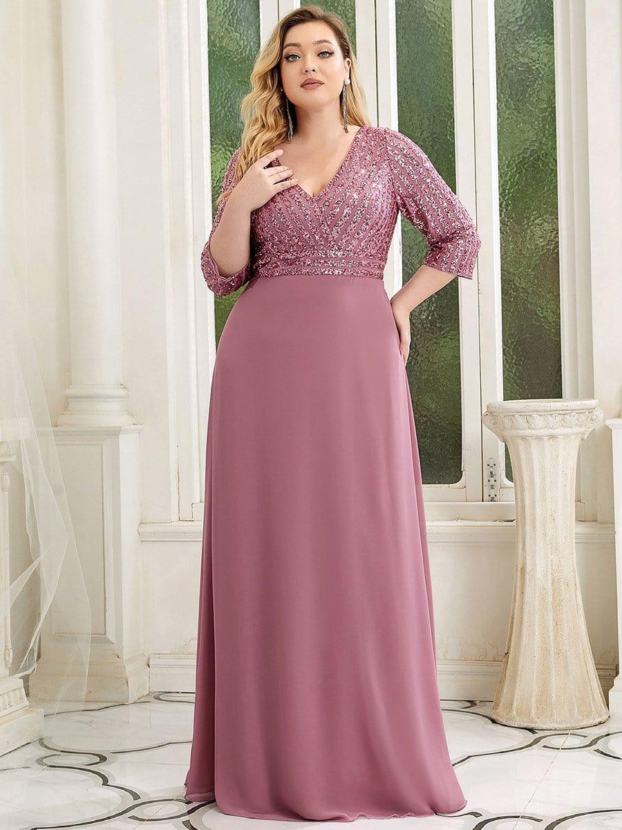 Plus Size Sequin A-Line Formal Evening Dress with Long Sleeves