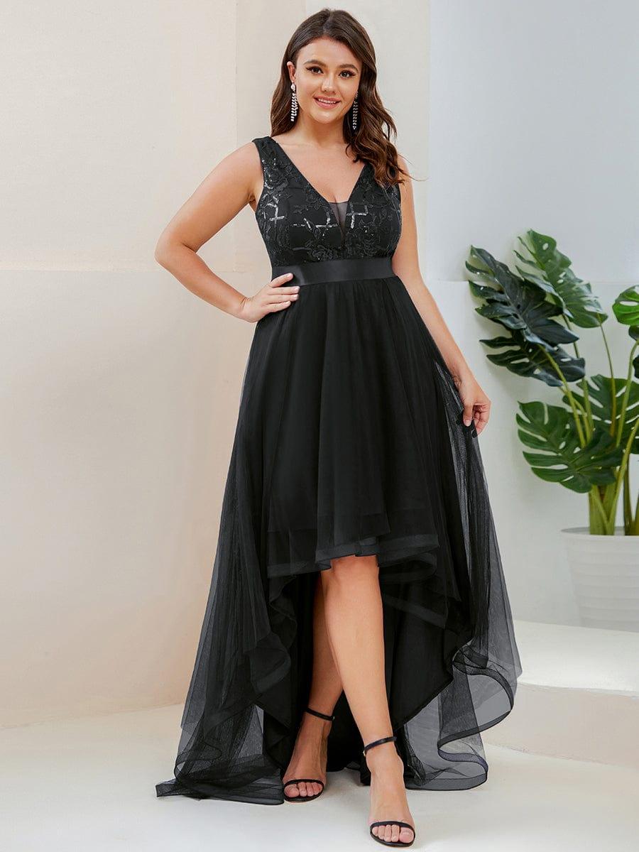 Plus Size V-Neck Sequin High-Low Evening Dresses