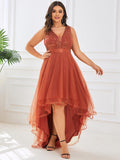 Plus Size V-Neck Sequin High-Low Evening Dresses