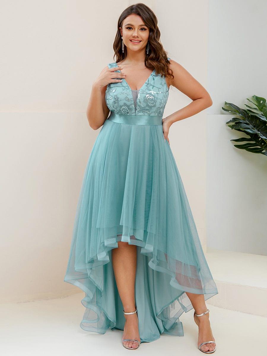 Plus Size V-Neck Sequin High-Low Evening Dresses
