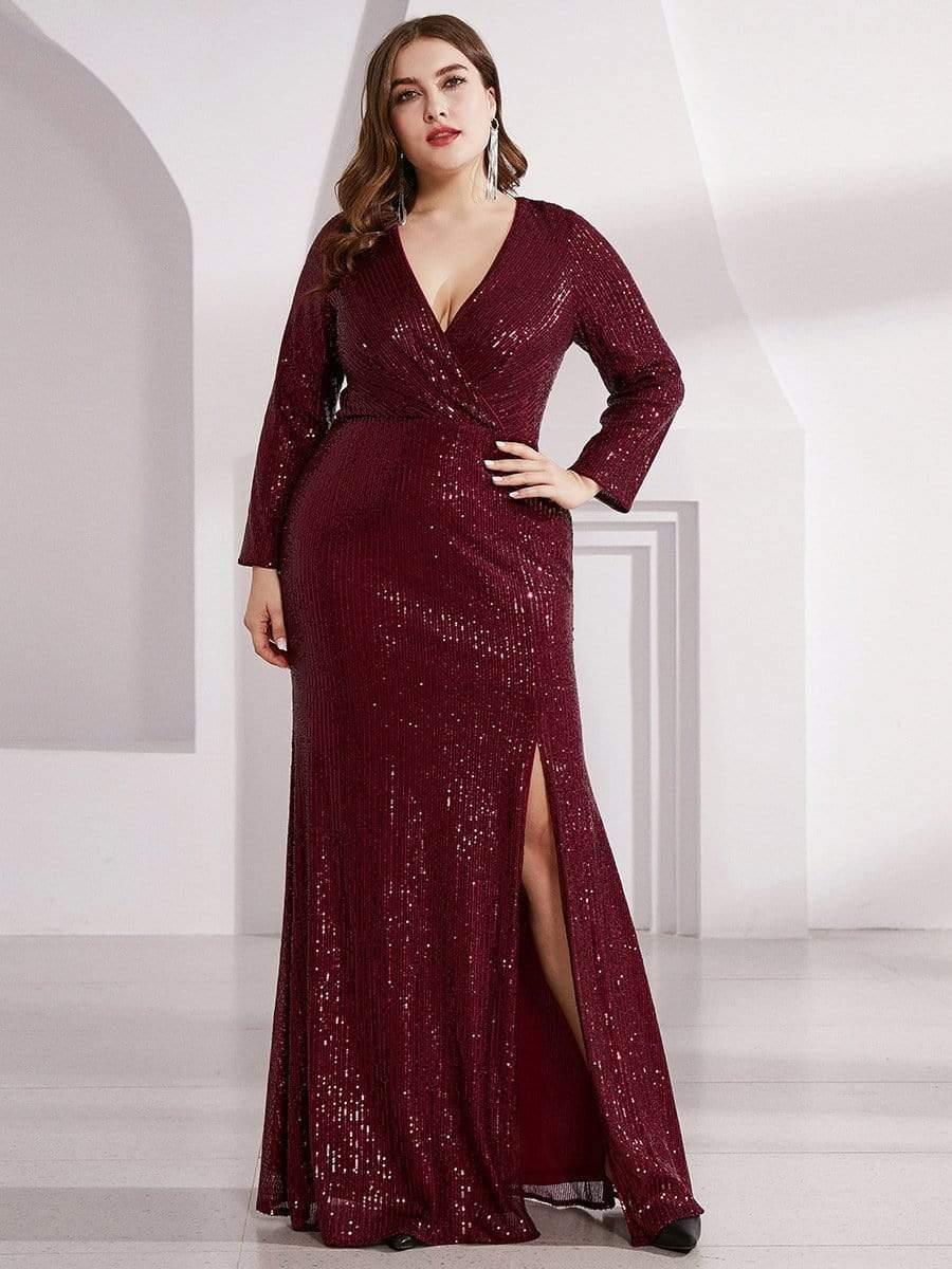 Plus Size V-Neck Sequin Ruched Slit Mermaid Evening Dress