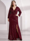 Plus Size V-Neck Sequin Ruched Slit Mermaid Evening Dress