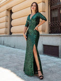 Sparkly V-Neck Sequin Bodycon Mermaid Evening Dress with Slit