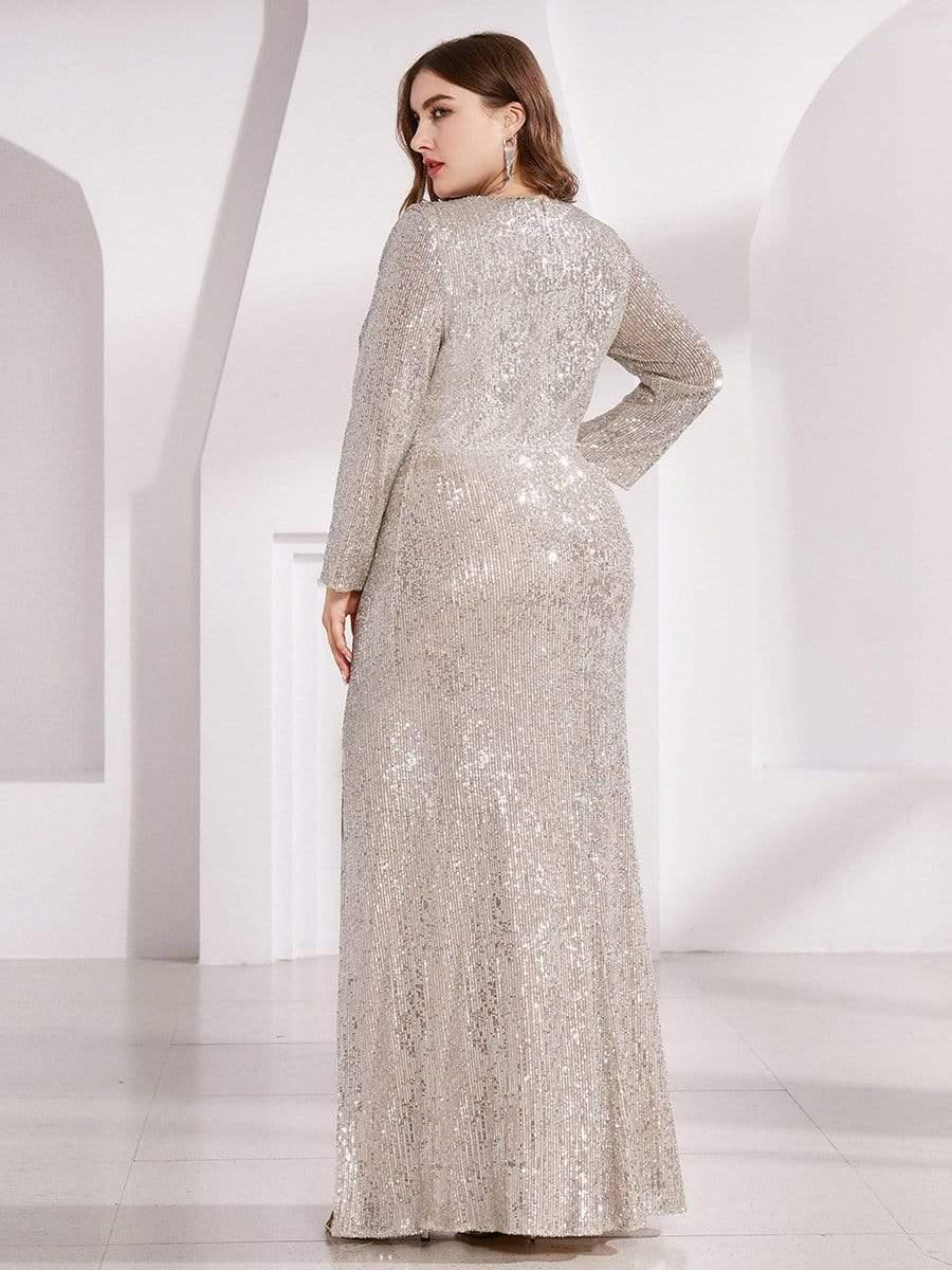 Plus Size V-Neck Sequin Ruched Slit Mermaid Evening Dress