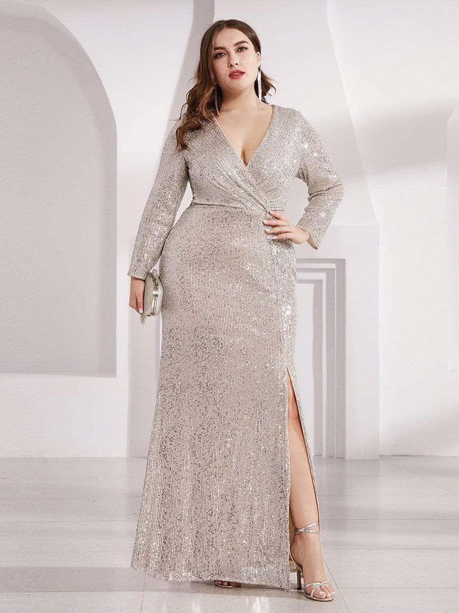 Plus Size V-Neck Sequin Ruched Slit Mermaid Evening Dress