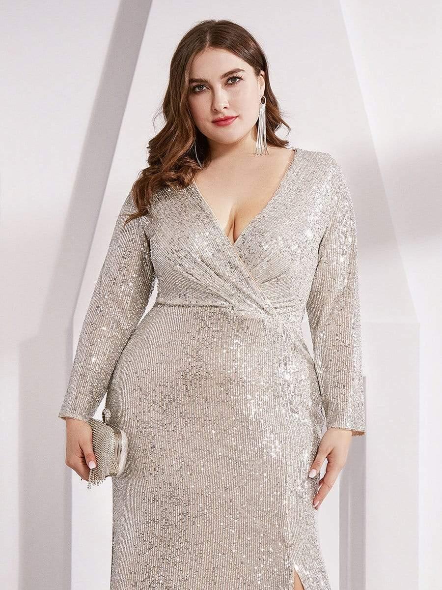 Plus Size V-Neck Sequin Ruched Slit Mermaid Evening Dress