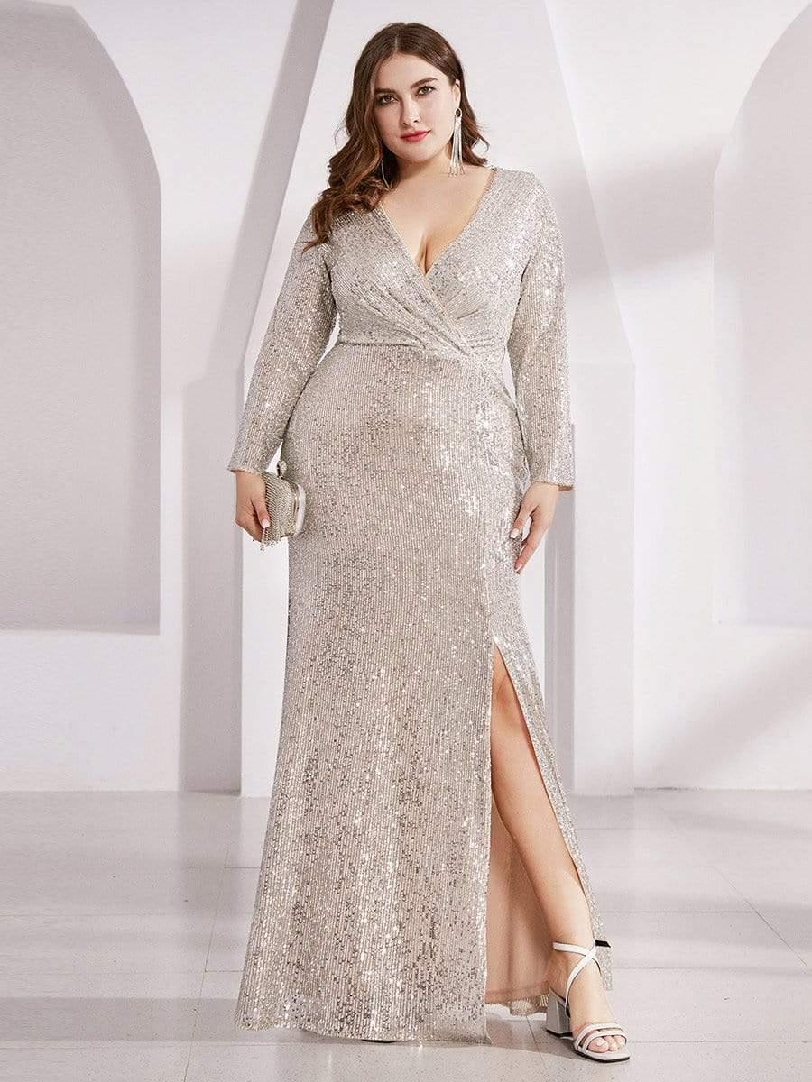 Sparkly V-Neck Sequin Bodycon Mermaid Evening Dress with Slit
