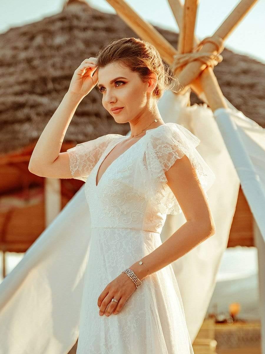 Glamorous V-Neck Lace Formal Dress with Ruffle Sleeves