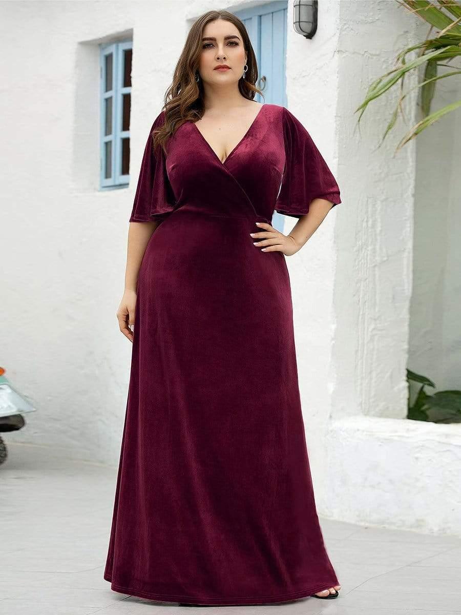 Plus Size V-Neck Velvet A-Line Long Evening Dress