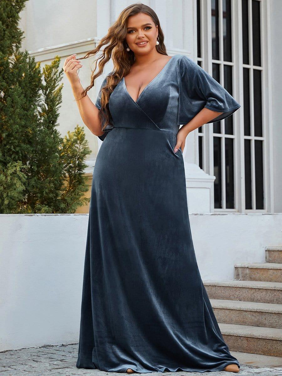 Plus Size V-Neck Velvet A-Line Long Evening Dress