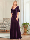 Graceful V-Neck Velvet A-Line Long Evening Dress