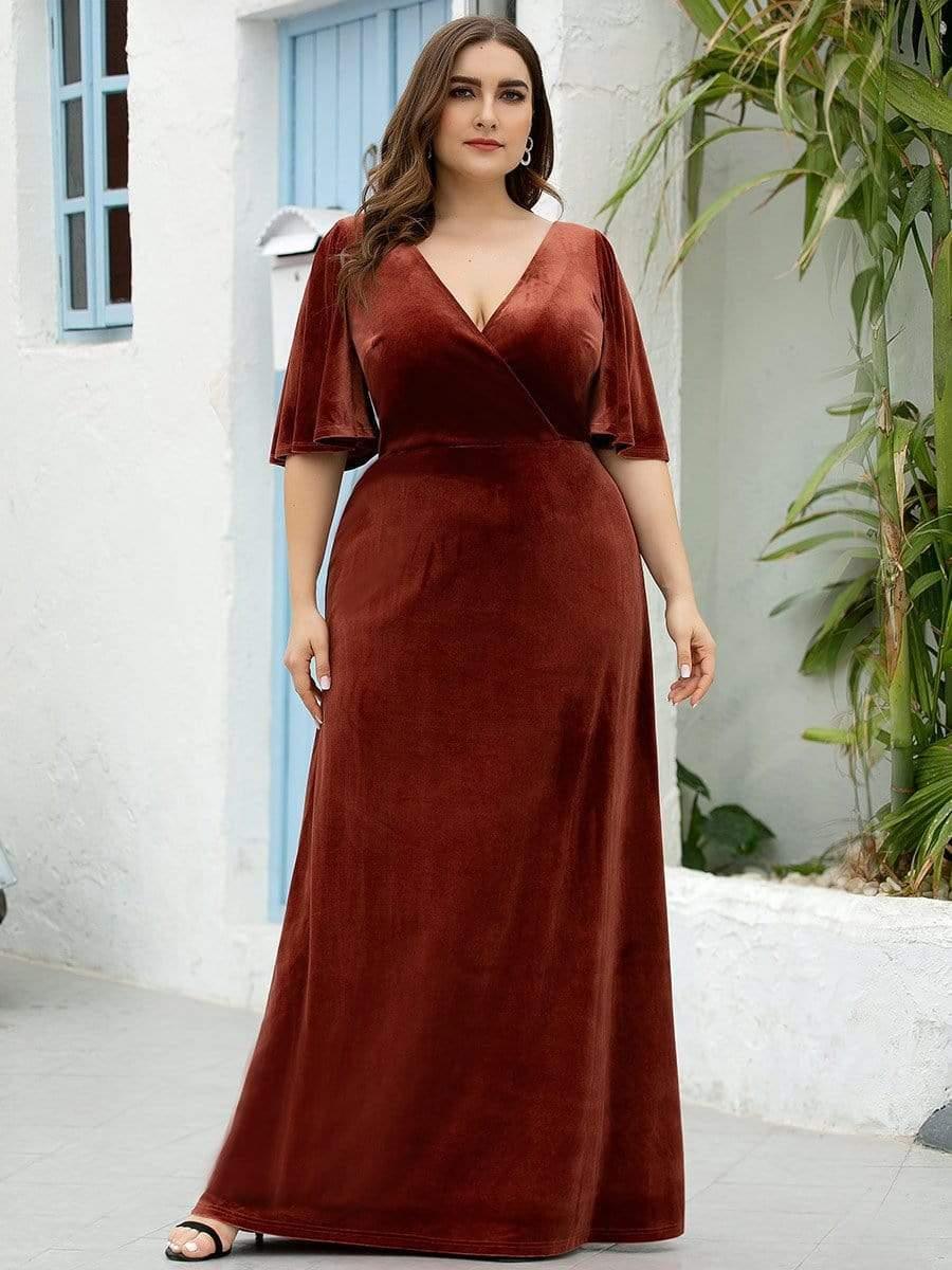 Plus Size V-Neck Velvet A-Line Long Evening Dress