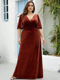 Plus Size V-Neck Velvet A-Line Long Evening Dress
