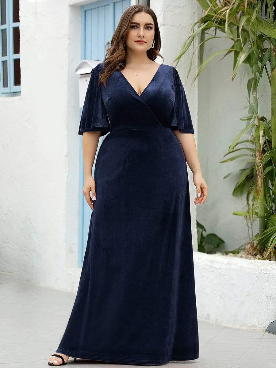 Plus Size V-Neck Velvet A-Line Long Evening Dress
