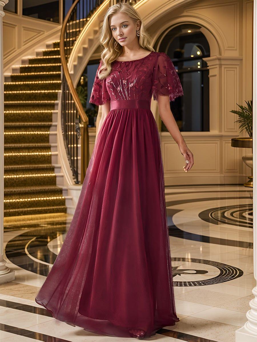 Elegant Sequin Applique Prom Dress with Flutter Sleeves #color_Burgundy